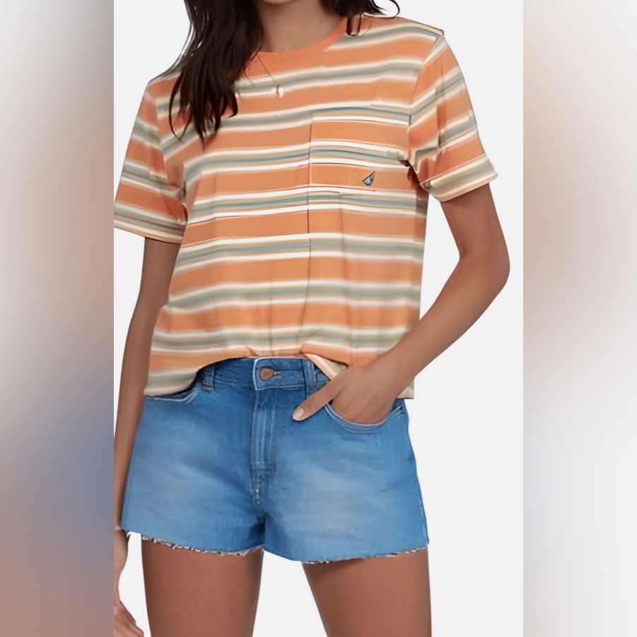 Roxy Junior's Striped Short Sleeve Crew Neck T-Shirt Top Oversized Boxy Cut L